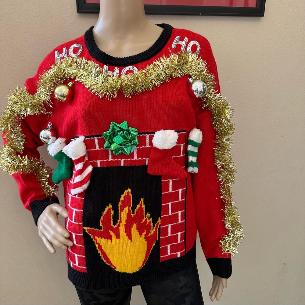Festive Red Holiday Sweater with Fireplace Design